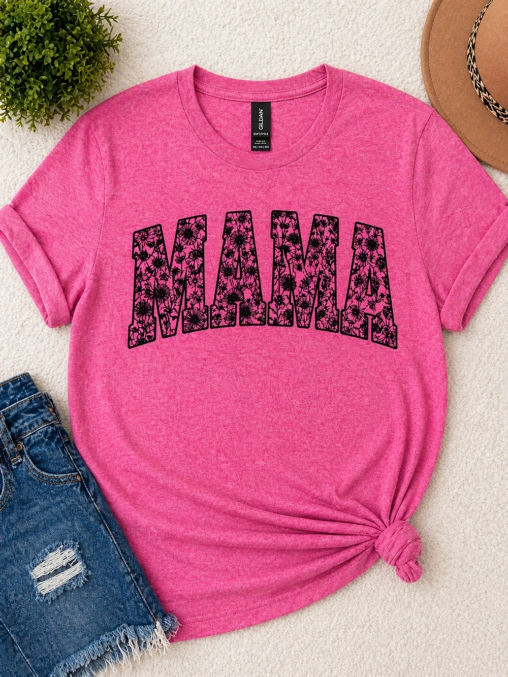 Pink 'MAMA' Floral Graphic Tee-Gildan Soft Style